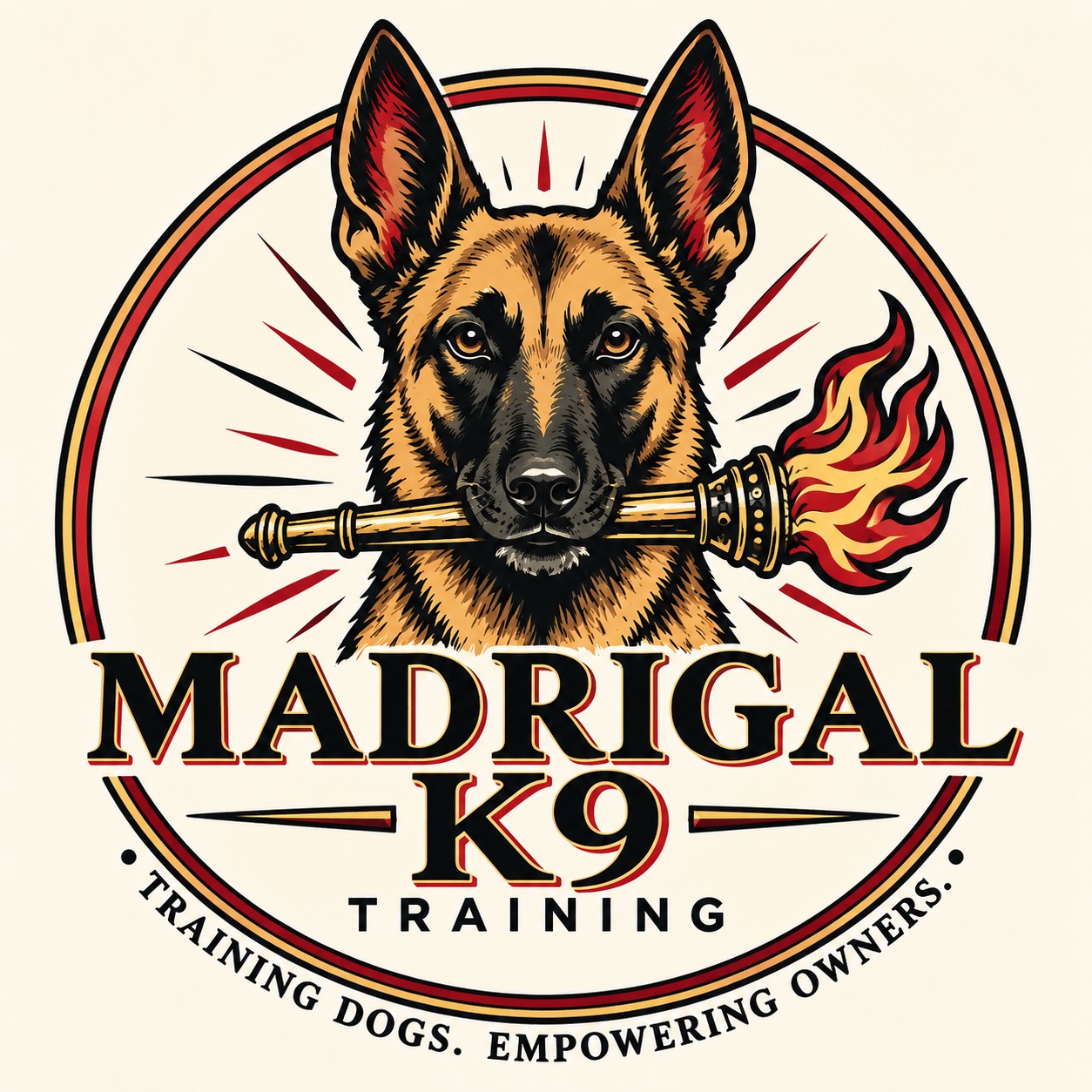 Madrigal K9 Training logo featuring a Malinois holding a torch